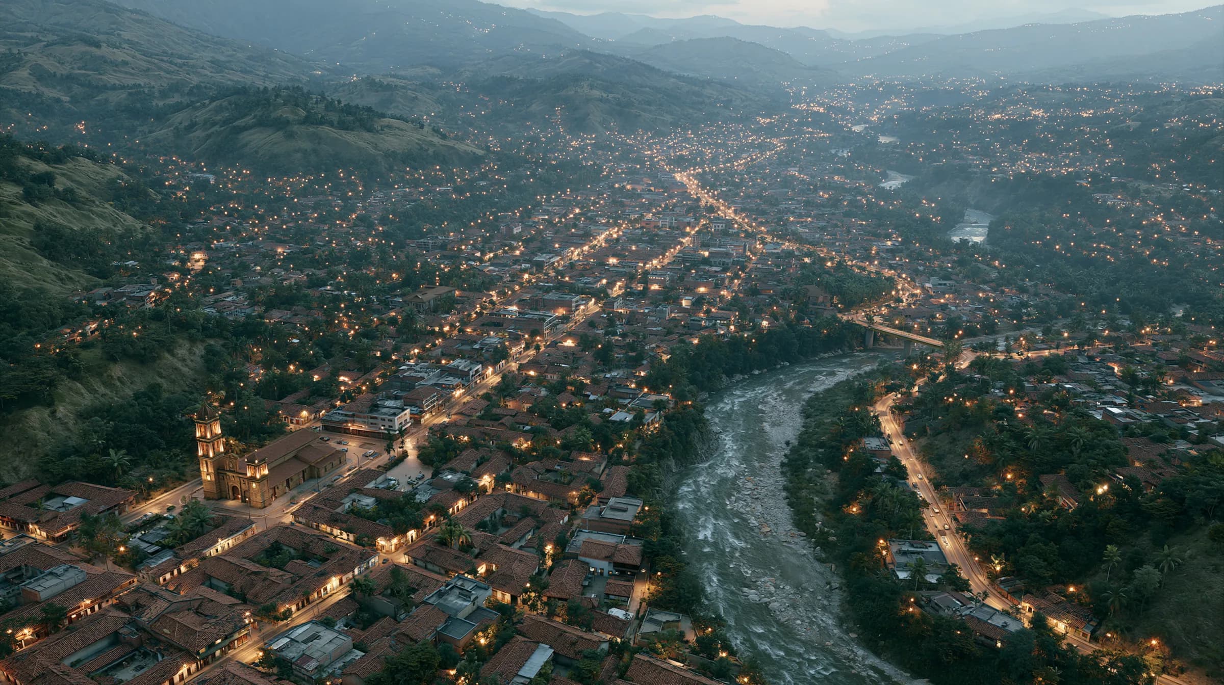 Municipio colombiano conceptual al anochecer